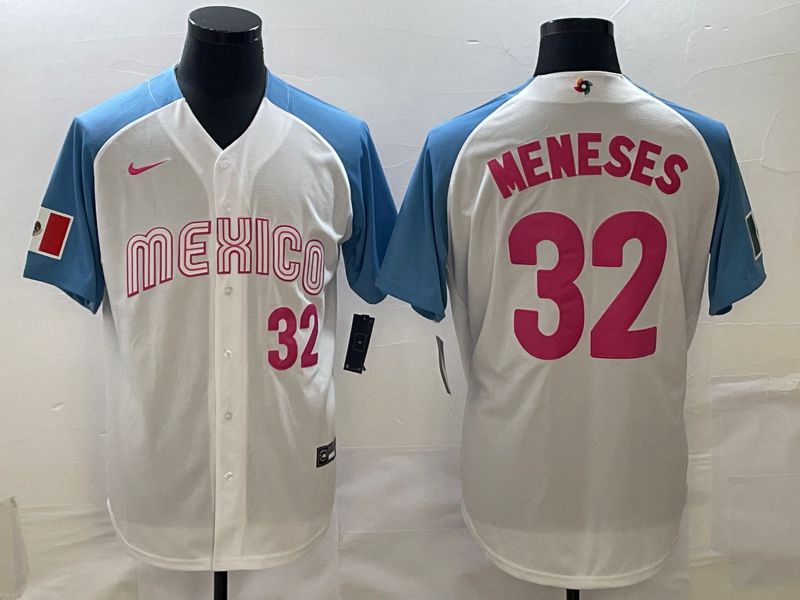 Men 2023 World Cub Mexico #32 Meneses White blue Nike MLB Jersey1->more jerseys->MLB Jersey